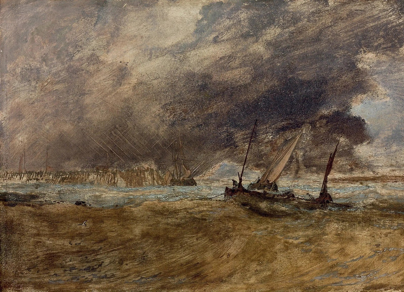 Morski pejzaż z łodziami rybackimi przy drewnianym molo, nadciągająca burza - J. M. W. Turner