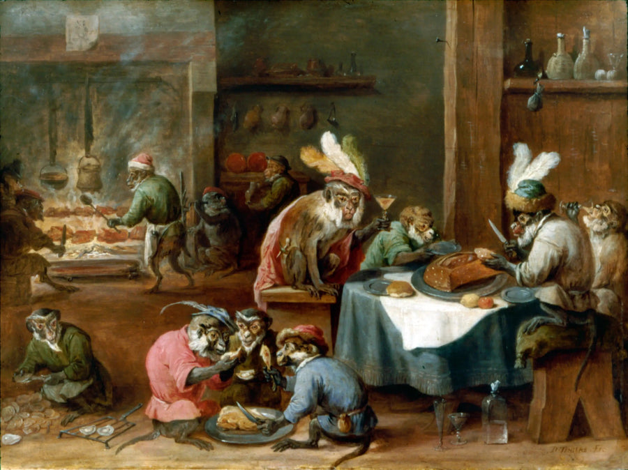 Małpy spożywające posiłek w kuchni - David Teniers Młodszy