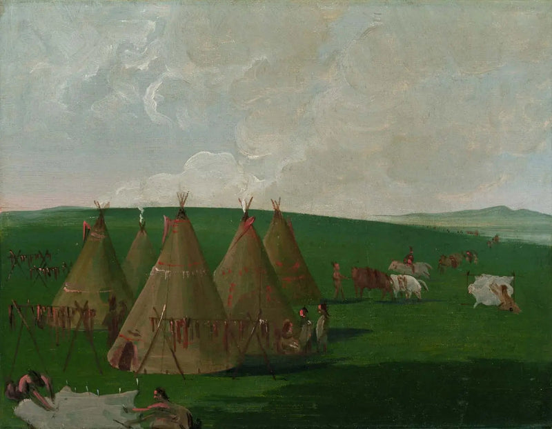 Sioux zamieszkujący na Górnym Missouri, przygotowujący mięso bizona i suknie - George Catlin
