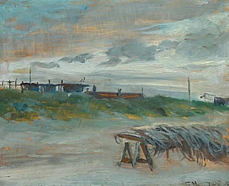Skagen Sønderstrand w czerwcowy wieczór, przy pochmurnej pogodzie. Sieci rybackie na pierwszym planie. - Peder Severin Krøyer