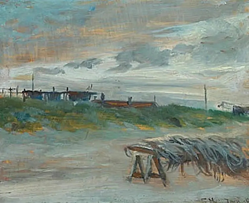 Skagen Sønderstrand w czerwcowy wieczór, przy pochmurnej pogodzie. Sieci rybackie na pierwszym planie. - Peder Severin Krøyer