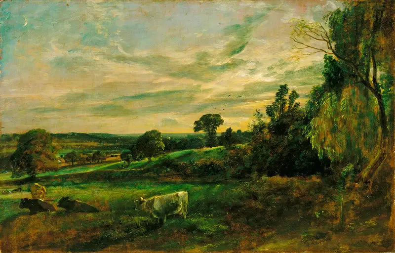 Letnia wieczór: widok w pobliżu East Bergholt ukazujący kościół w Langham, kościół w Stratford i kościół w Stoke-by-Nayland - John Constable