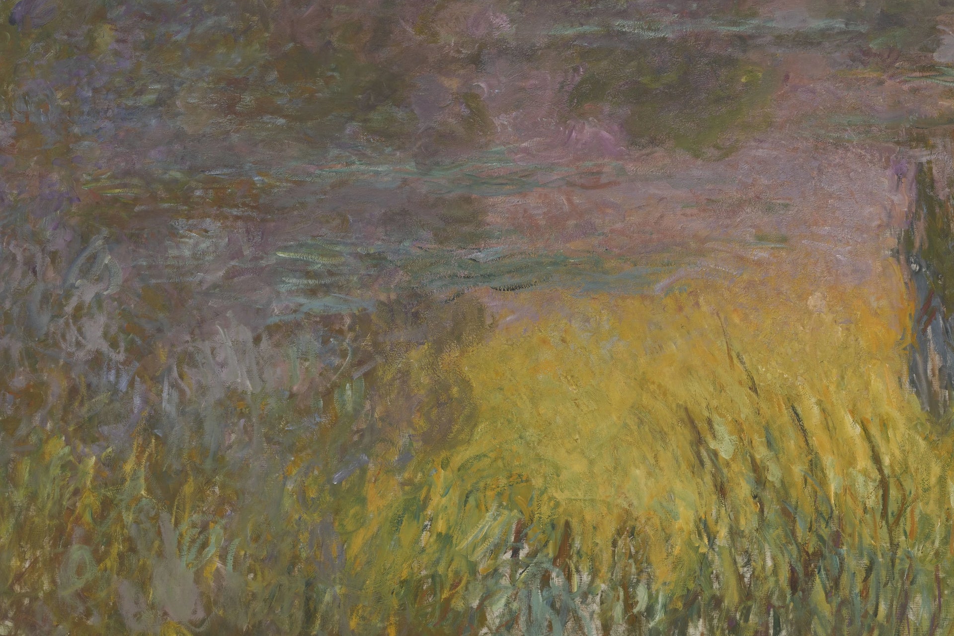 Détail de l’astre jaune, des roseaux et des touches libres de Soleil couchant INV 20103