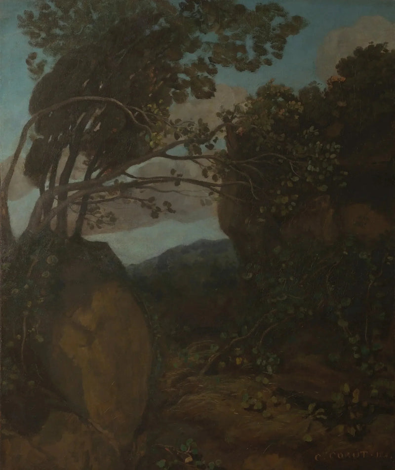 Pamiątka z Nemi. Skały i krzewy - Jean-Baptiste Camille Corot