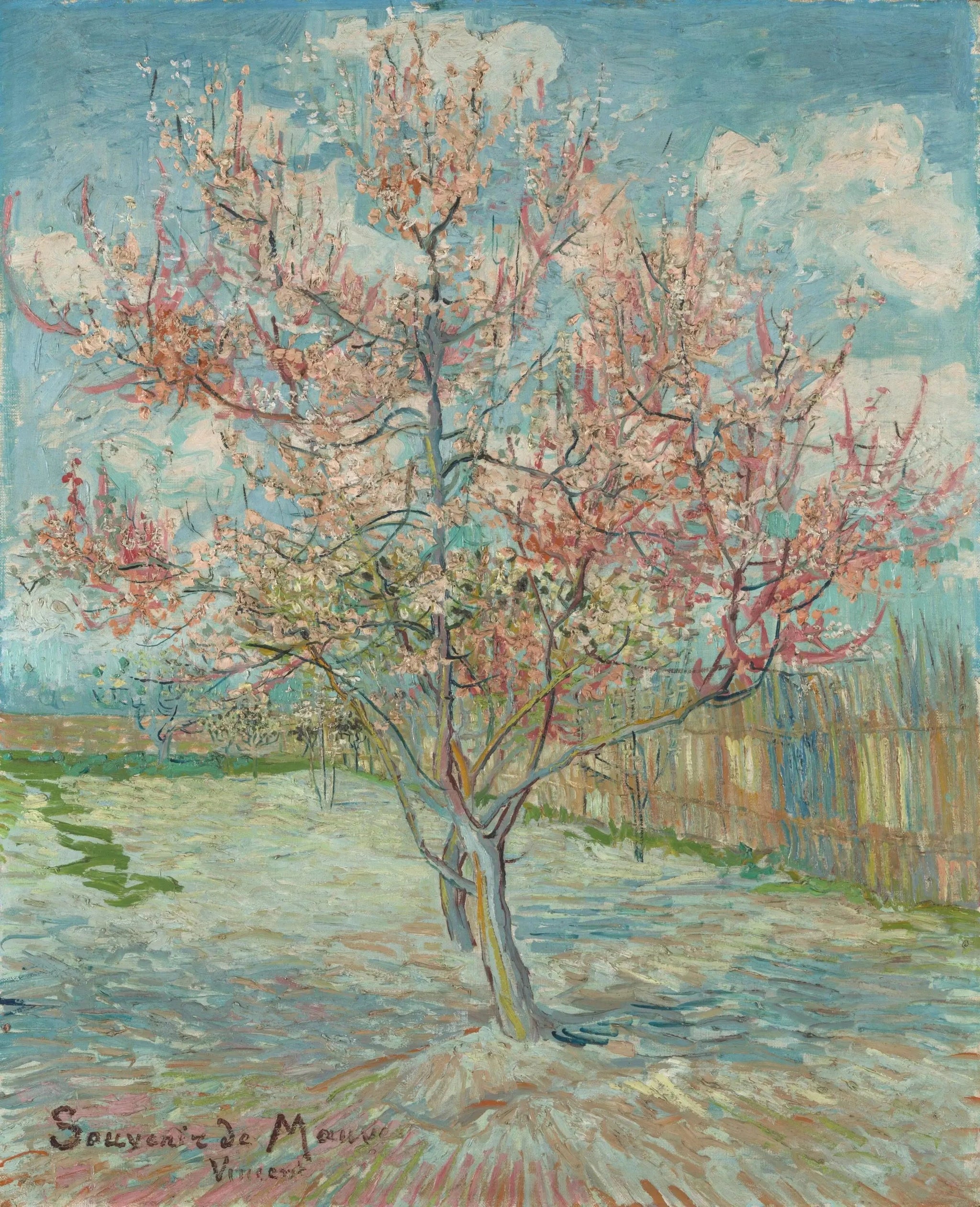 Pêchers roses en fleurs, Souvenir de Mauve, F394 — verger printanier peint par Vincent van Gogh