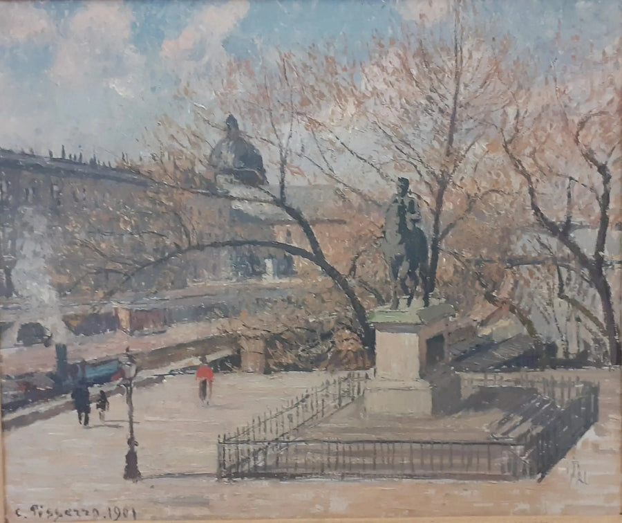 Pomnik Henryka IV i hotel Monnaie, poranek, słońce - Camille Pissarro