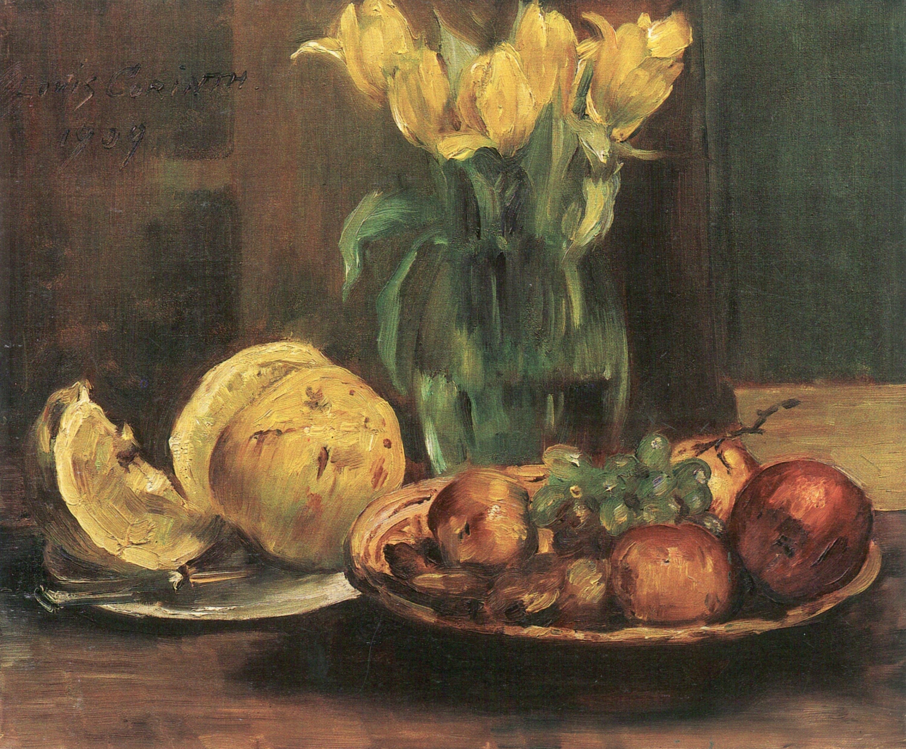 Stillleben mit gelben Tulpen, Äpfeln und Grapefruit - Lovis Corinth image 1 reproduction artisanale de tableau