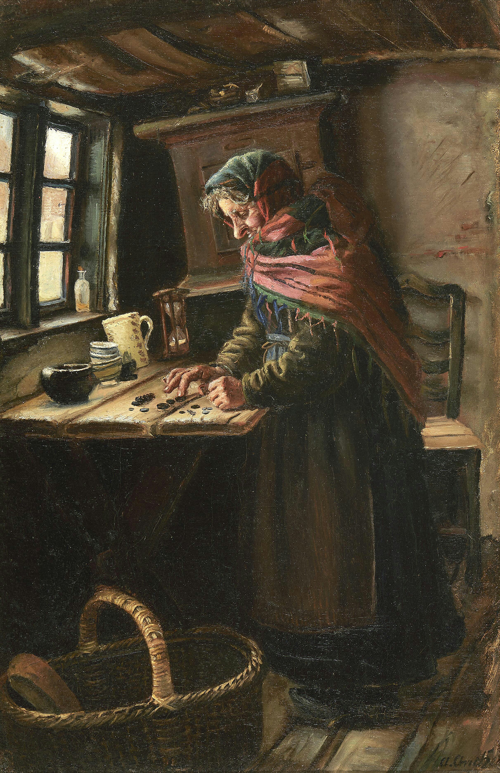 Stine Bollerhus compte l'argent gagné en vendant du pain. Et elle recommence. - Anna Ancher image 1 copie peinte à la main à l’huile