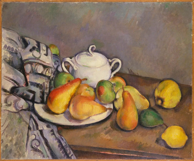 Cukiernica, gruszki i dywan - Paul Cézanne