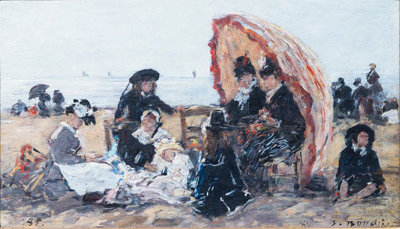 Na plaży w Trouville, w cieniu czerwonego parasola - Eugène Boudin