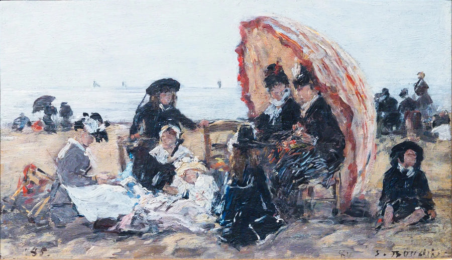 Na plaży w Trouville, w cieniu czerwonego parasola - Eugène Boudin