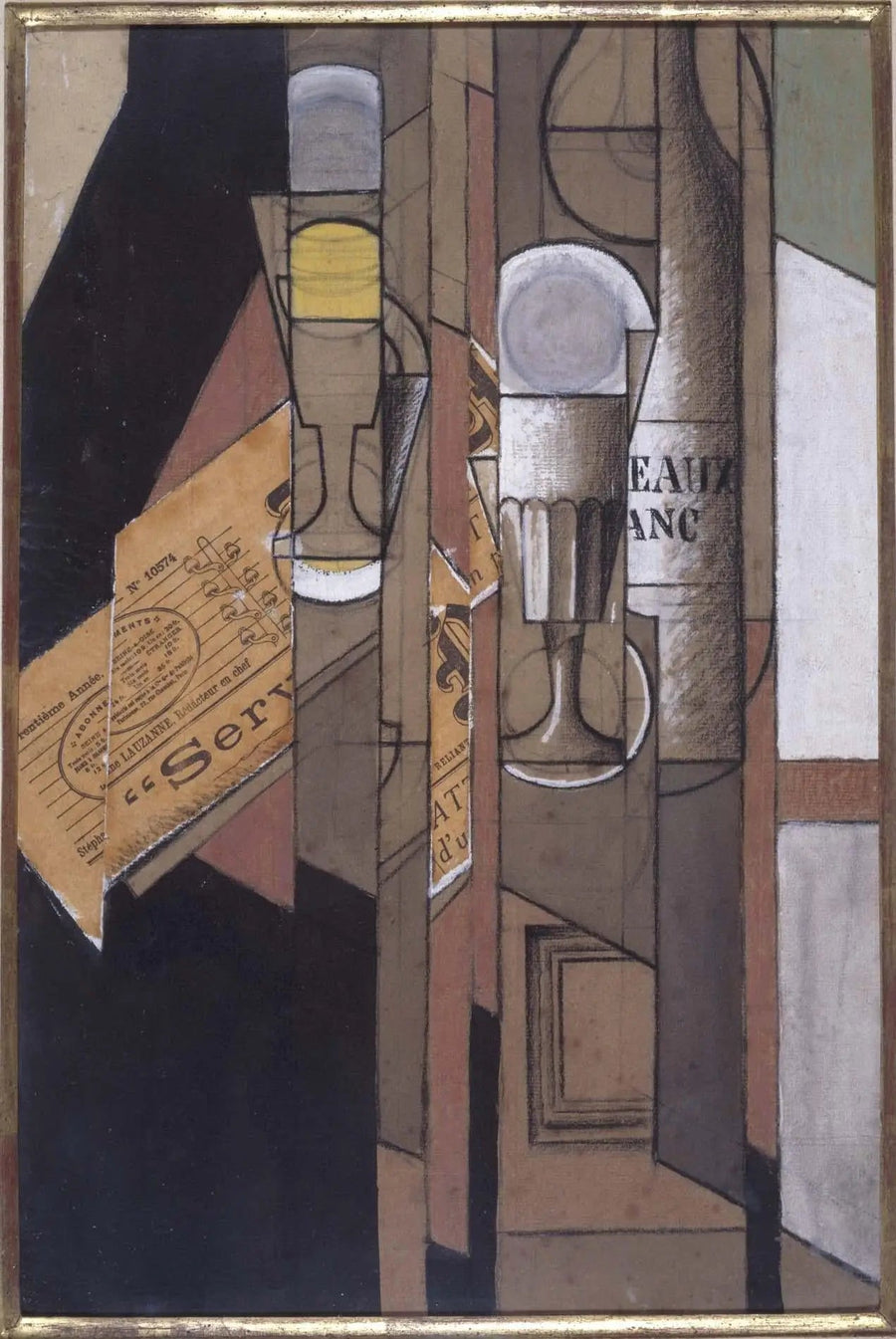 Filiżanki, dziennik i butelka wina - Juan Gris