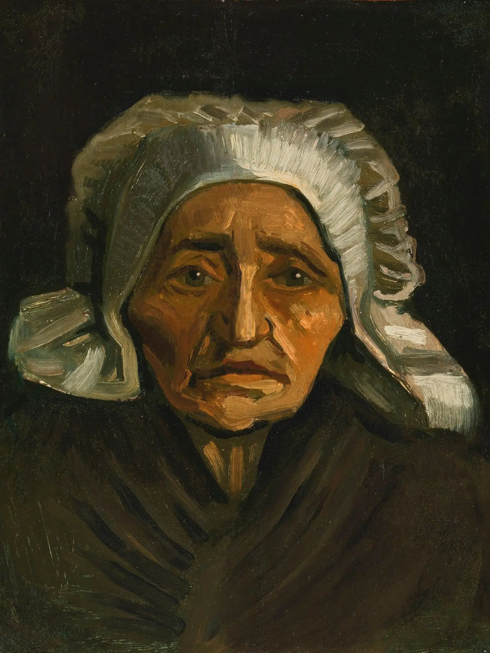 Reproduction du tableau « Tête de paysanne à la coiffe blanche - Vincent van Gogh » par Alpha Reproduction en peinture à l’huile