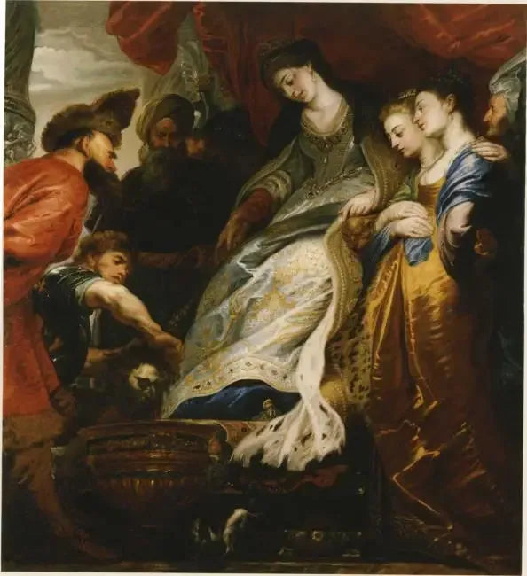 Thomyris, królowa fałszu, zanurza głowę Cyrusa w wazonie wypełnionym krwią - Peter Paul Rubens