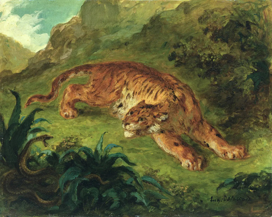 Przestraszony tygrys przez węża - Eugène Delacroix
