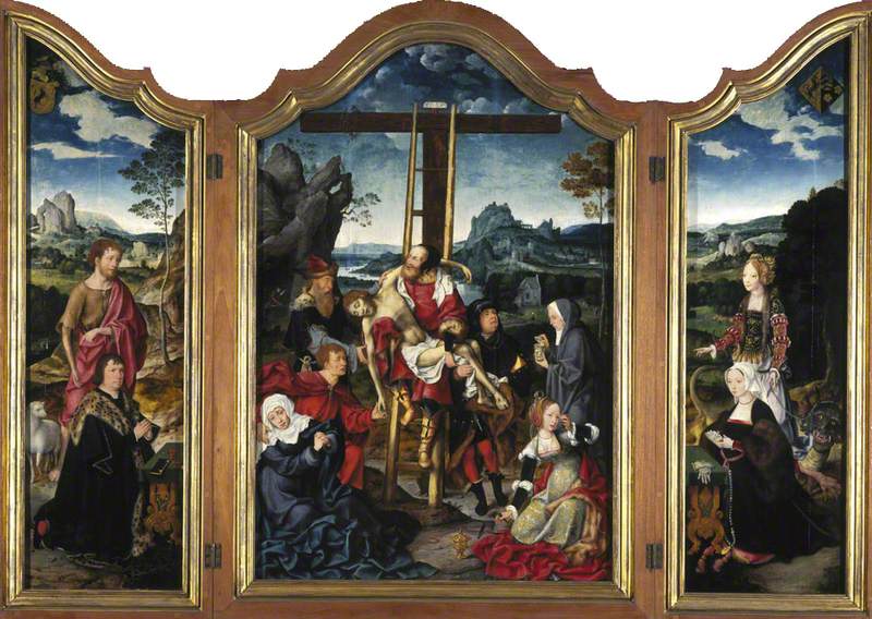 Triptyque. Au centre: la Déposition de Croix ; à gauche: saint Jean-Baptiste avec un donateur ; à droite: sainte