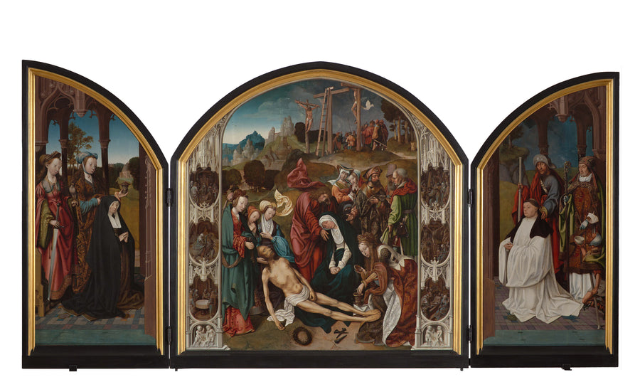 Triptyque avec lamentation des fondateurs et des saints, avec les saintes Apollonia, Gertrude de Nivelles, Agathe, Agnès sur les panneaux extérieurs - Cornelis Engebrechtsz