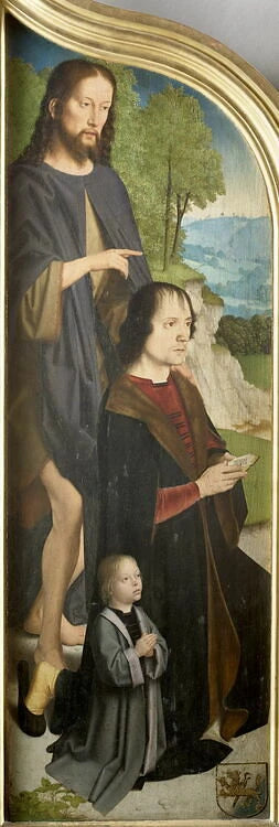 Triptyque de la famille Sedano : volet gauche : Jean de Sedano et son fils en prière, avec saint Jean-Baptiste ; face externe : Adam, nu - Gérard David