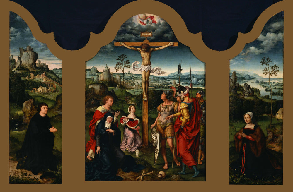 Triptyque: La Crucifixion flanquée du donateur agenouillé et de son épouse - Joos van Cleve - Alpha Reproduction