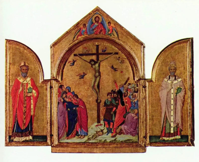 Tryptyk: Ukrzyżowanie; Zbawiciel z aniołami; święty Mikołaj; święty Grzegorz - Duccio di Buoninsegna