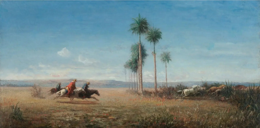 Trzej jeźdźcy i galopujące konie na równinie (Wenezuela) - Camille Pissarro
