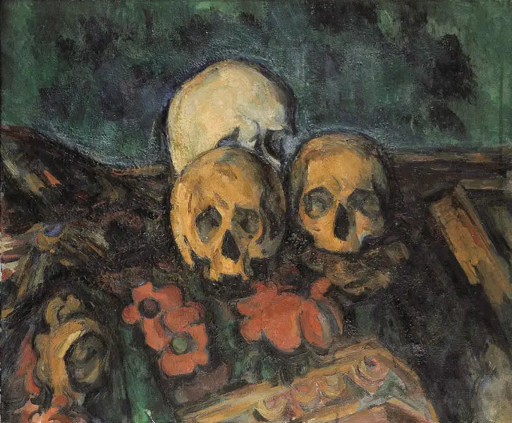 Reproduction du tableau « Trois crânes sur un tapis d'Orient - Paul Cézanne » par Alpha Reproduction en peinture à l’huile