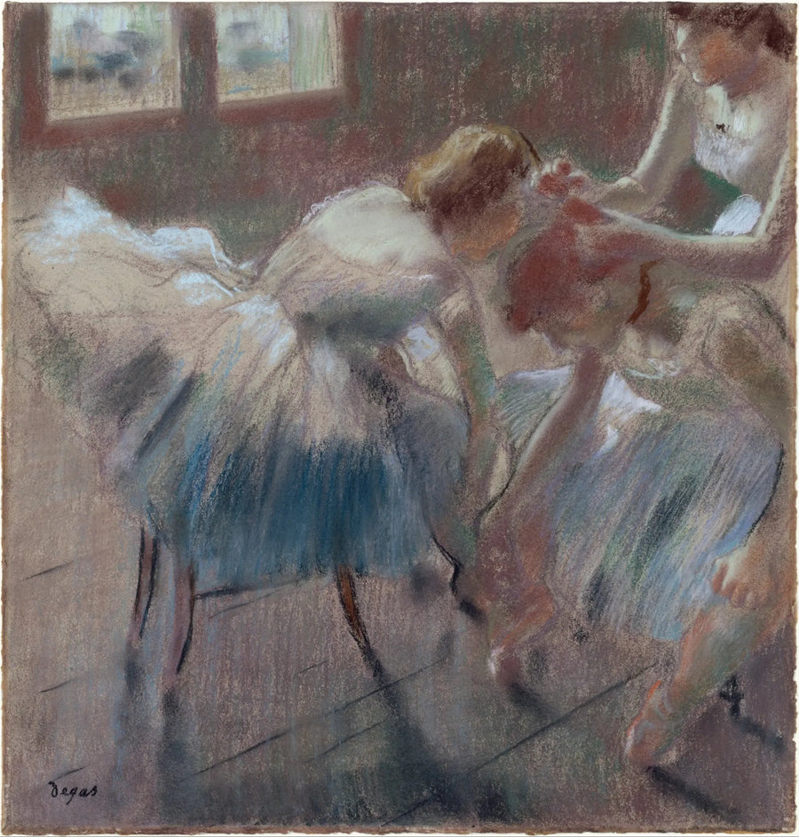 Trzej tancerze przygotowują się do lekcji - Edgar Degas