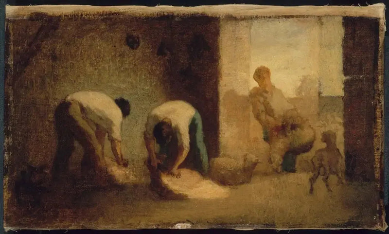 Trzech mężczyzn strzyże owce w stodole - Jean-François Millet