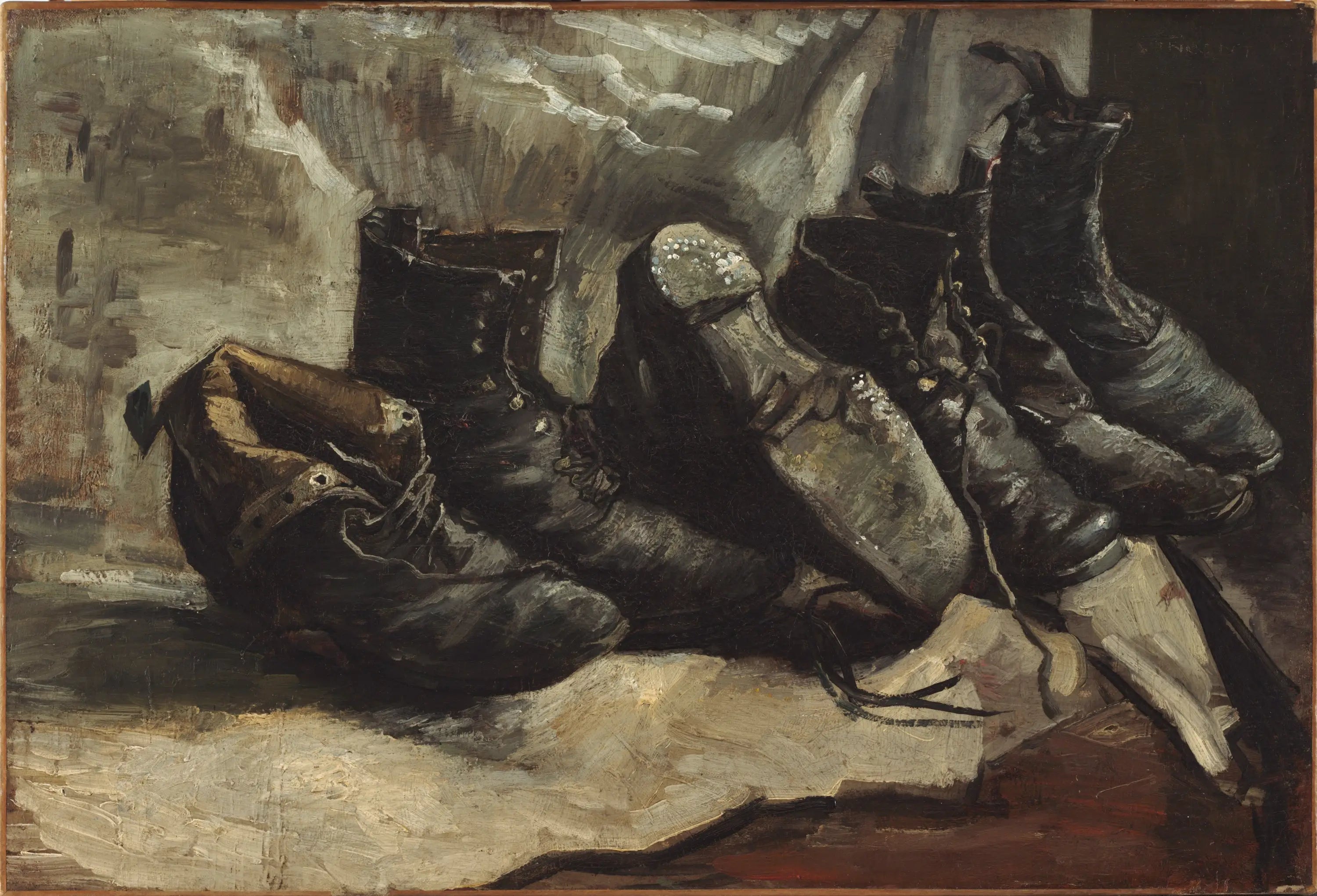 Reproduction du tableau « Trois paires de chaussures - Vincent van Gogh » par Alpha Reproduction en peinture à l’huile
