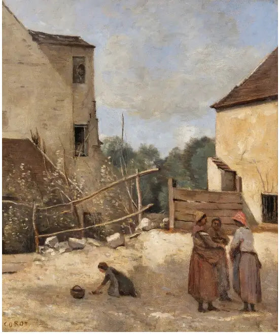 Trzy wieśniaczki rozmawiające na podwórku wiejskim - Jean-Baptiste Camille Corot