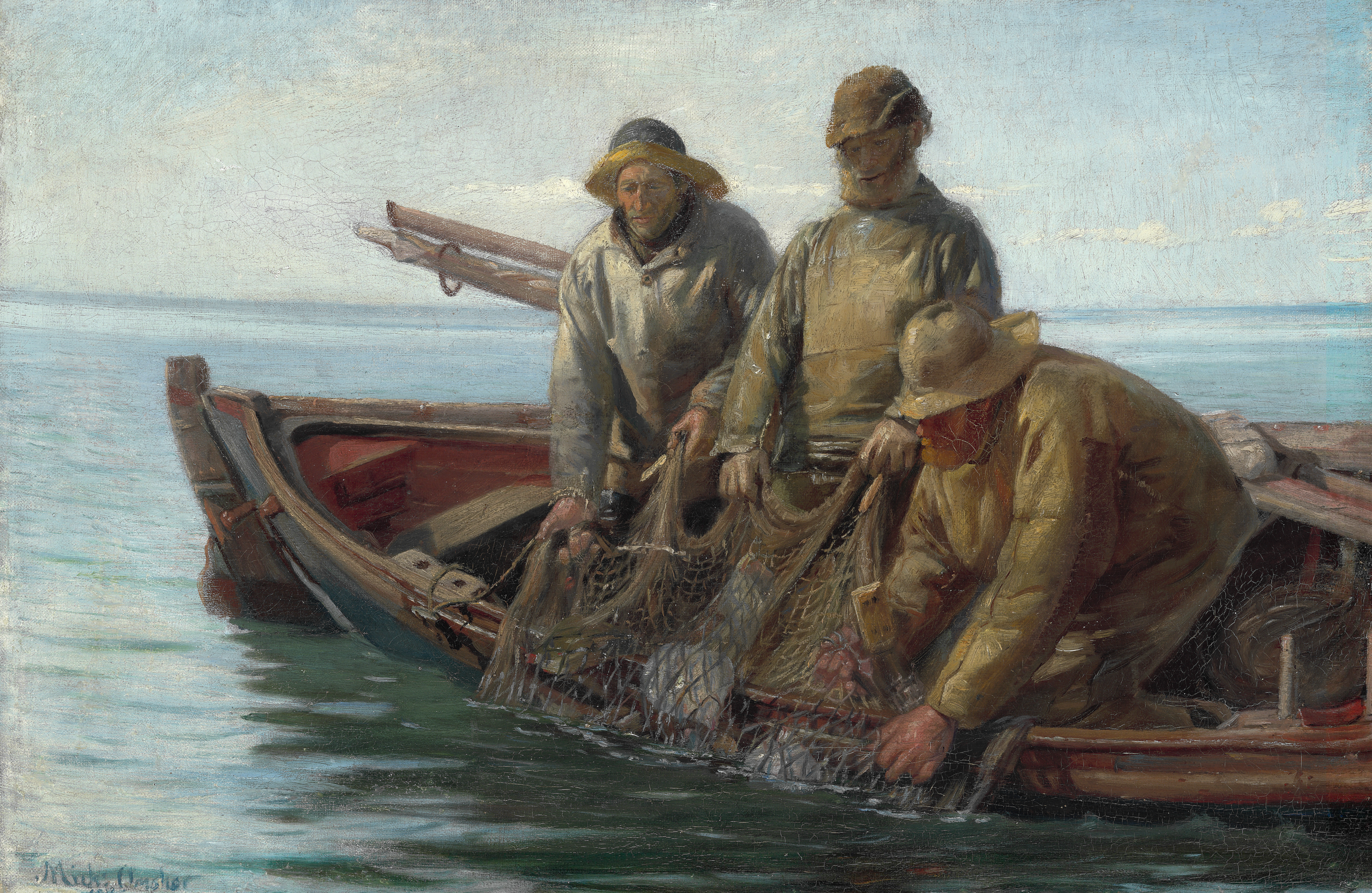 Trois pêcheurs de Skagen remontent leurs filets. - Michael Peter Ancher image 1 reproduction de peinture à l’huile