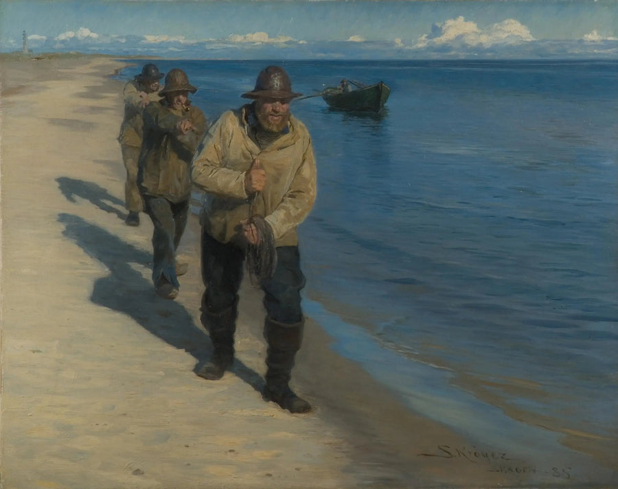 Trzech rybaków ciągnących łódź. - Peder Severin Krøyer
