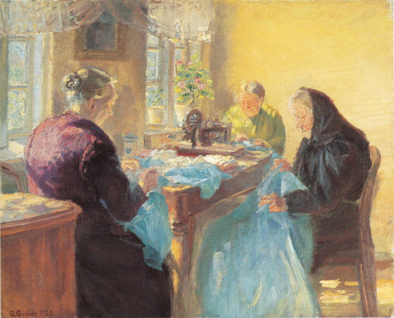 Trzy stare panie szyją niebieską suknię na bal kostiumowy. - Anna Ancher