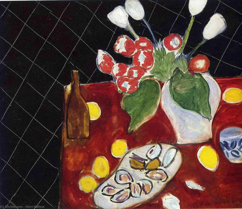 Tulipany i ostrygi na czarnym tle - Henri Matisse