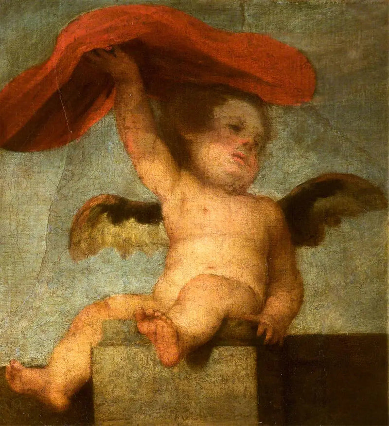 Anioł-putto trzymający coś czerwonego: fragment - Bartolomé Esteban Murillo