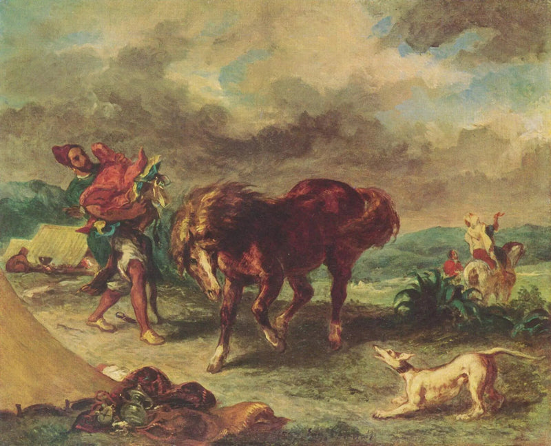 Arabski jeździec siodłający swojego konia - Eugène Delacroix