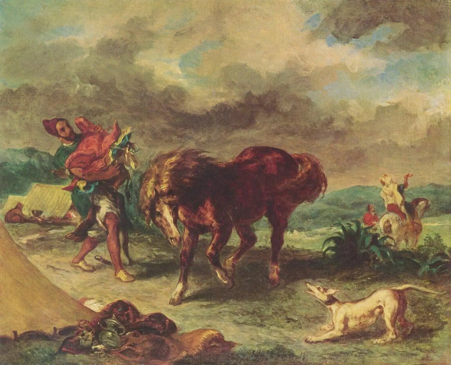 Arabski jeździec siodłający swojego konia - Eugène Delacroix