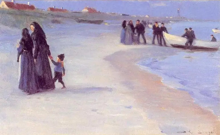 Biały statek na plaży. Łagodny letni wieczór. - Peder Severin Krøyer