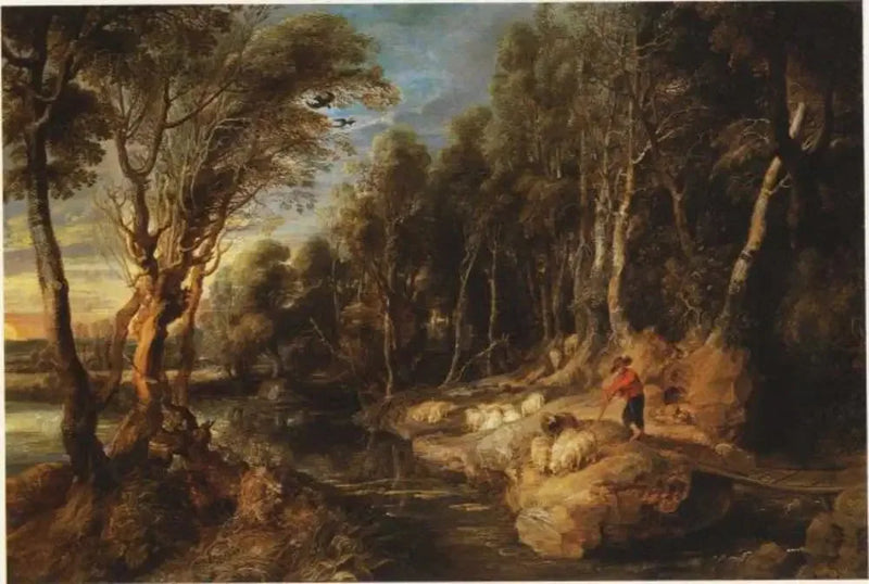 Pasterz ze swoim stadem na leśnym krajobrazie - Peter Paul Rubens