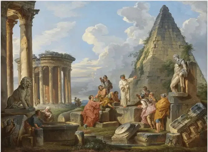 Capriccio z świętym Pawłem głoszącym Rzymianom, z świątynią Vesty i piramidą Caeusa Cestiusa - Giovanni Paolo Panini
