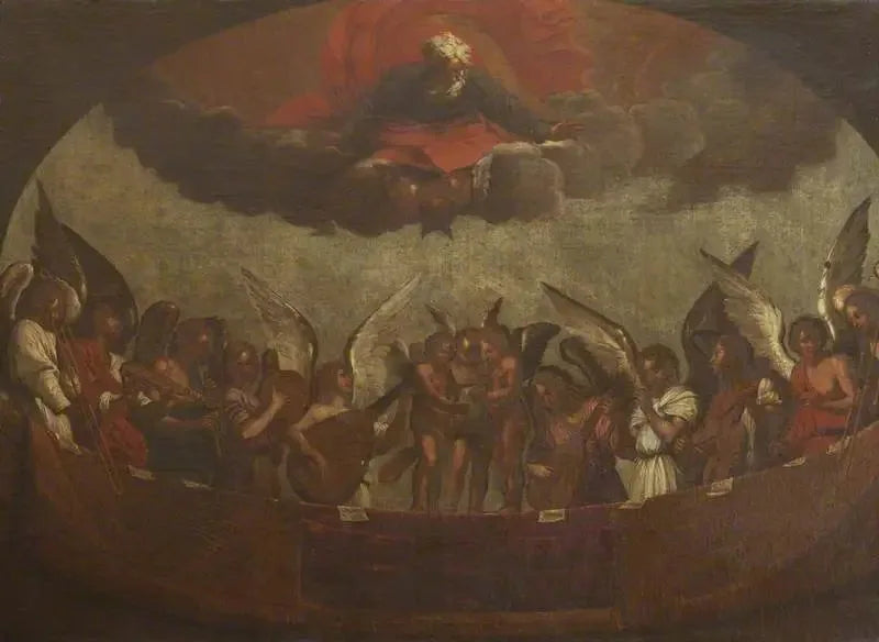 Chór aniołów śpiewających i grających na instrumentach muzycznych z Bogiem Ojcem na górze - Guido Reni