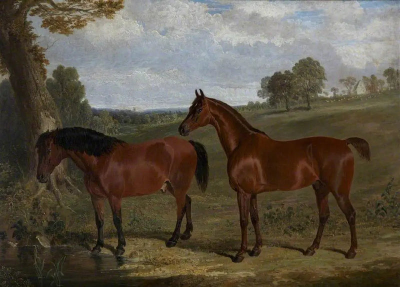 Koń kasztanowaty i kucyk na krajobrazie - John Frederick Herring, Sr.