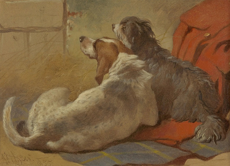 Pies myśliwski i border collie z brodą siedzący na polowym płaszczu - John Frederick Herring, Sr.