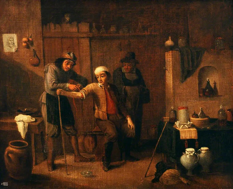 Chirurg zawiązujący opaskę uciskową wokół ramienia mężczyzny - David Teniers Młodszy