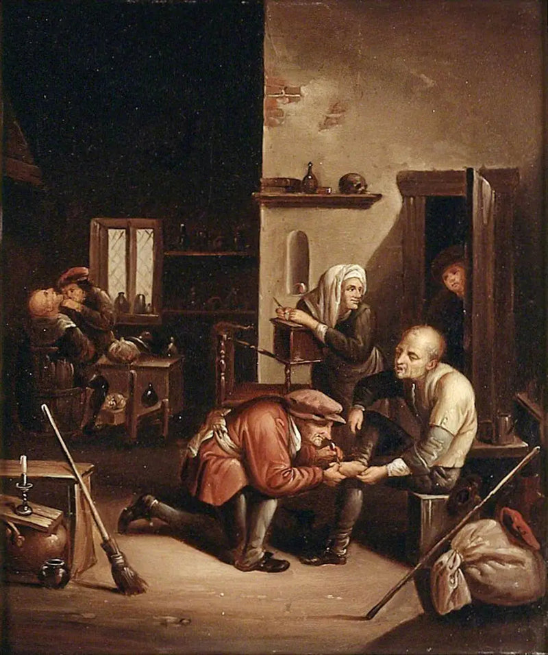 Chirurg leczący stopę pacjenta i fryzjer golący mężczyznę - David Teniers młodszy