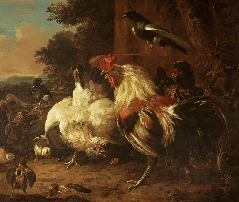Kogut i dwie kury z pisklętami na krajobrazie - Melchior de Hondecoeter