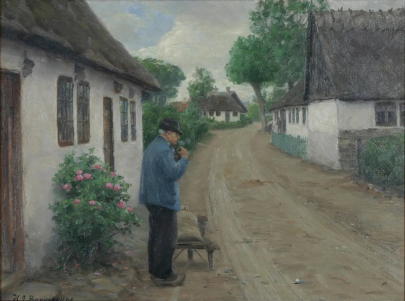 Eksterier z mężczyzną w drodze do młyna. - H. A. Brendekilde