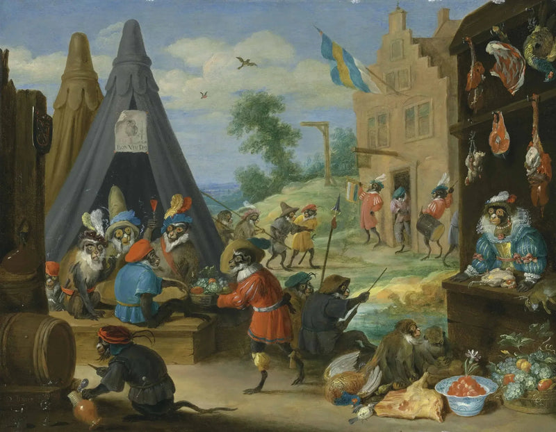 Festiwal małp (małpy przebrane za żołnierzy w obozowisku w pobliżu miasta) - David Teniers młodszy