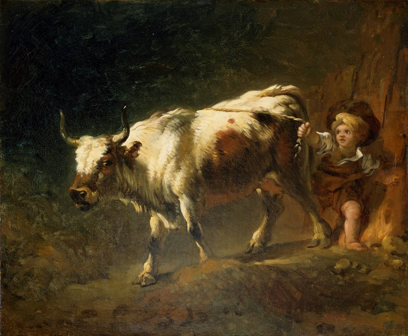 Chłopiec próbuje zatrzymać krowę za pomocą liny - Jean-Honoré Fragonard