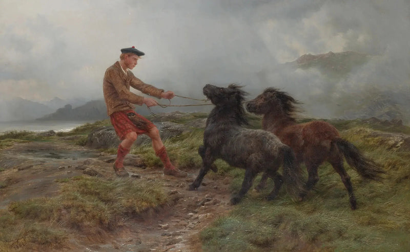 Ghillie i dwa kucyki Shetland na mglistym krajobrazie - Rosa Bonheur